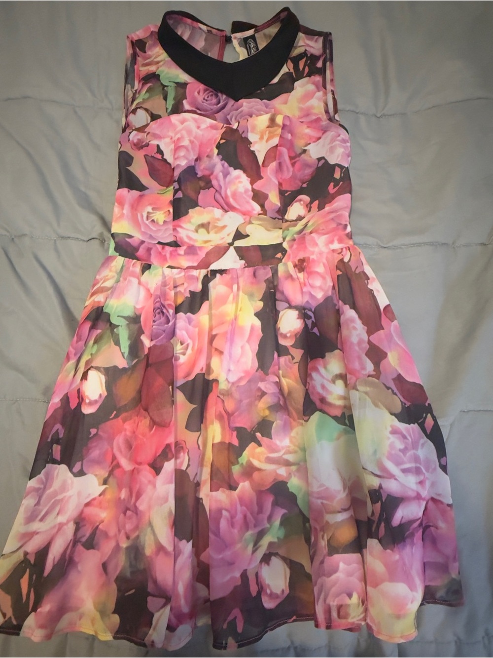 Aeropostale Pink and Purple Floral Fit-and-Flare Dress with Black Trim